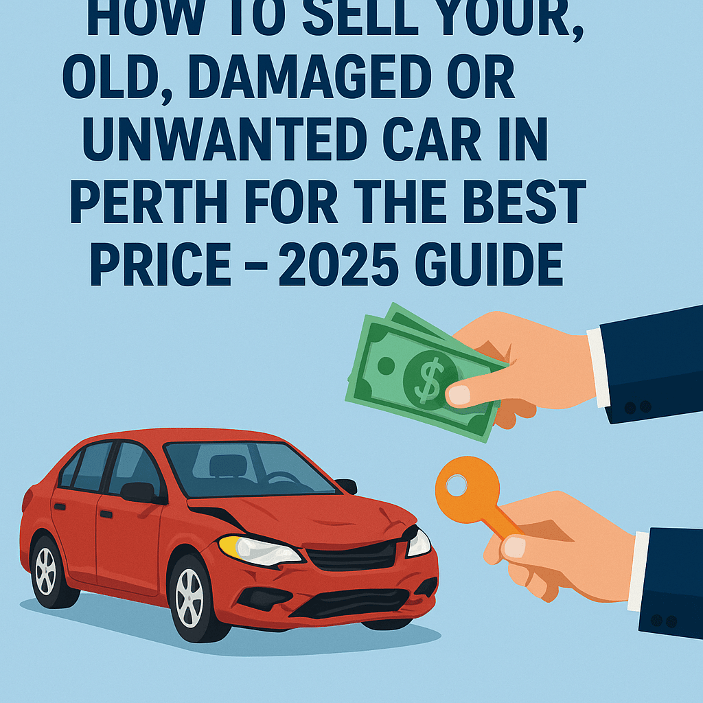 Damaged red car with hands exchanging cash and a key, illustrating how to sell an old or unwanted vehicle in Perth for the best price in 2025.